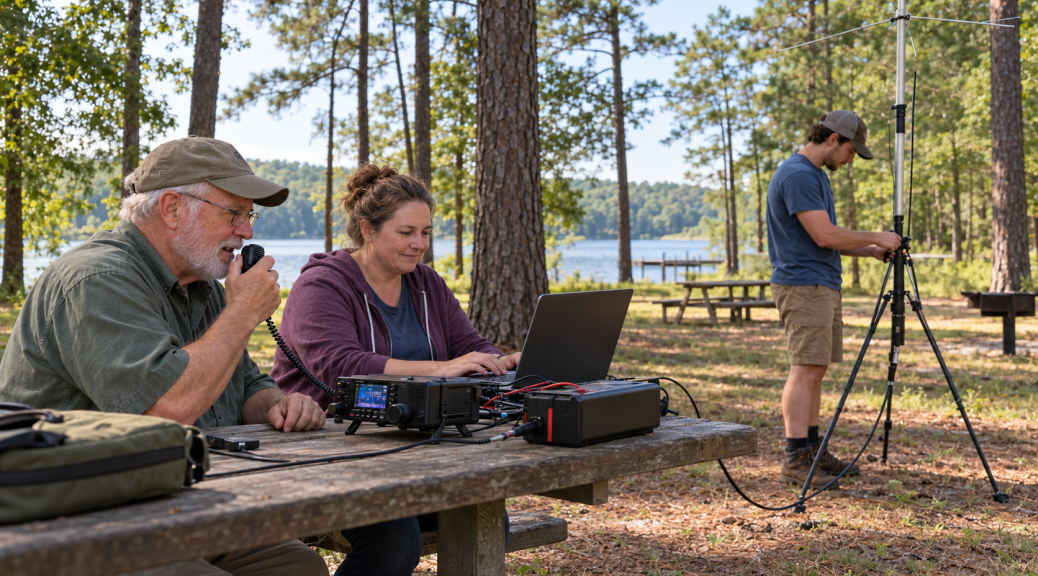 Amateur radio operators using a portable radio, laptop, and antenna in an East Texas park.
