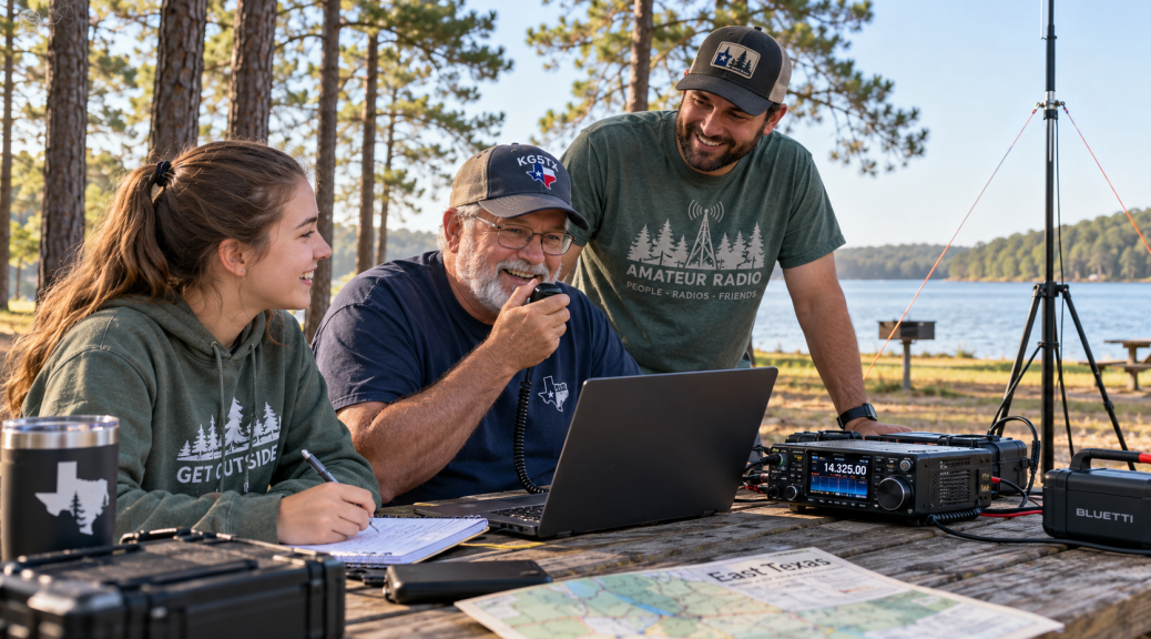 A realistic, candid photograph of three people from different generations enjoying a portable amateur radio station at an East Texas park. Show a compact modern radio, laptop, small rechargeable battery, and portable antenna, with pine trees in the background. Keep their faces and interaction prominent, with equipment supporting the scene.